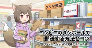 コンビニのフリマ資材売り場に立つ猫耳の女の子のイラストと「コンビニのダンボールで郵送する方法とコツ」のタイトル文字。