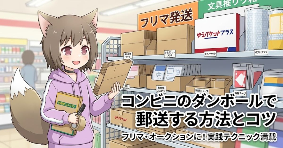 コンビニのフリマ資材売り場に立つ猫耳の女の子のイラストと「コンビニのダンボールで郵送する方法とコツ」のタイトル文字。