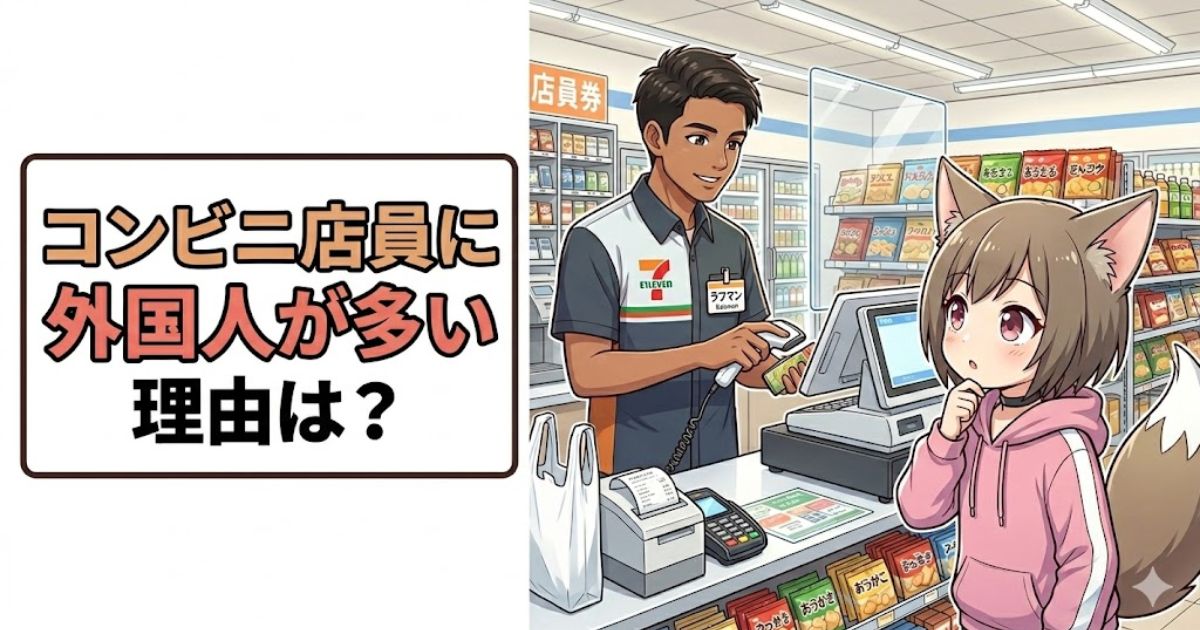 「コンビニ店員に外国人が多い理由は？」という文字が入ったアイキャッチ画像。外国人の男性店員が笑顔でレジ打ちをしており、それを手前で獣耳のあるピンクのパーカーを着た女の子が眺めているイラスト。