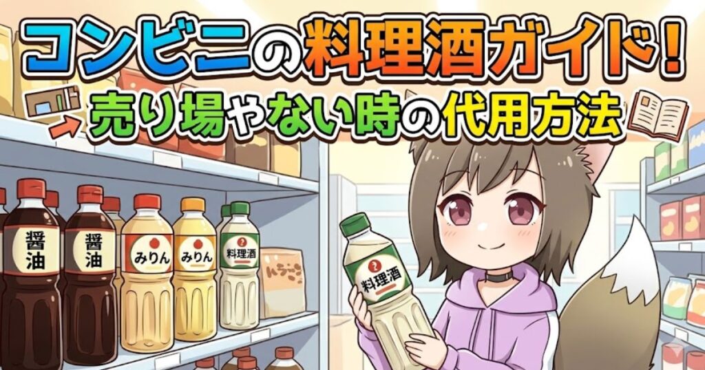 「コンビニの料理酒ガイド!売り場やない時の代用方法」という文字が入った、コンビニの調味料棚と料理酒を持つケモ耳キャラクターのイラスト。