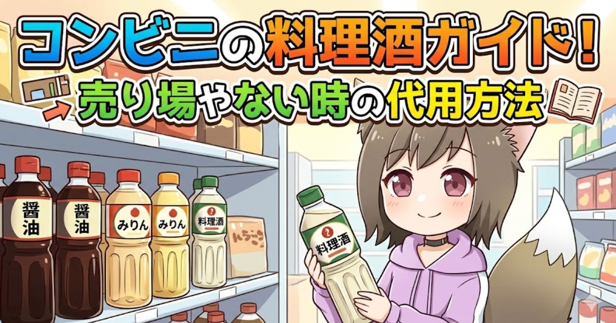 「コンビニの料理酒ガイド!売り場やない時の代用方法」という文字が入った、コンビニの調味料棚と料理酒を持つケモ耳キャラクターのイラスト。