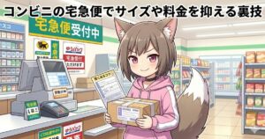 コンビニのレジカウンターで、送り状が貼られた段ボール箱を抱えながら不敵に微笑む猫耳の女の子のイラスト。「コンビニの宅急便でサイズや料金を抑える裏技」の文字。