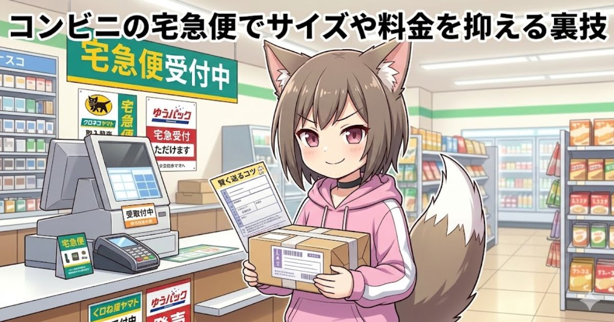 コンビニのレジカウンターで、送り状が貼られた段ボール箱を抱えながら不敵に微笑む猫耳の女の子のイラスト。「コンビニの宅急便でサイズや料金を抑える裏技」の文字。