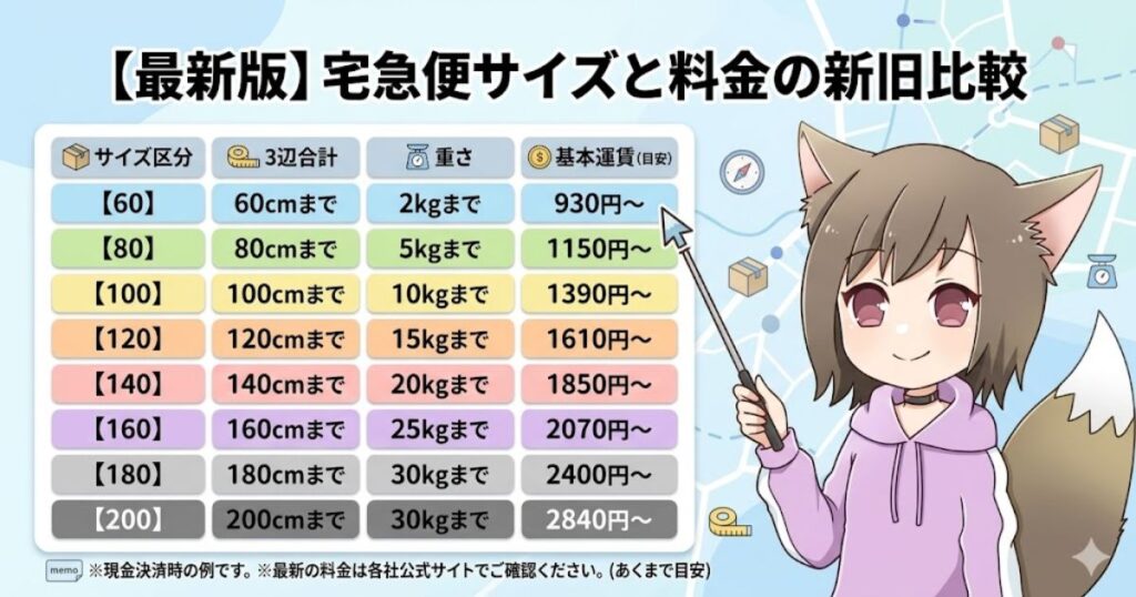 ヤマト運輸の宅急便サイズ区分（60から200サイズ）ごとの3辺合計、重さ、基本運賃の目安をまとめた新旧比較表と、指示棒を持って解説する猫耳の女の子のイラスト。