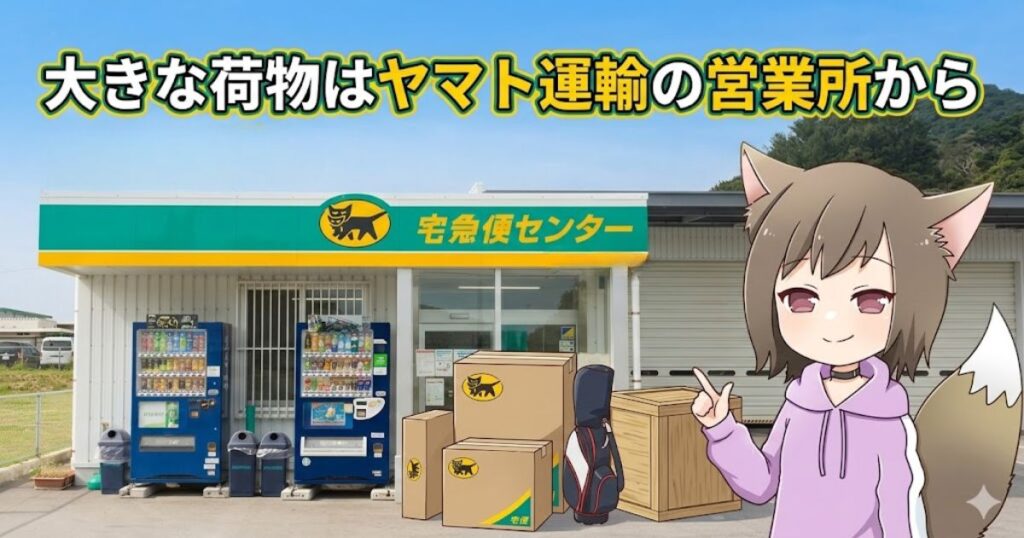 ヤマト運輸の「宅急便センター」の営業所建物の写真と、手前に並べられた複数の段ボール箱やゴルフバッグ、それらを指差して解説する猫耳の女の子のイラスト。