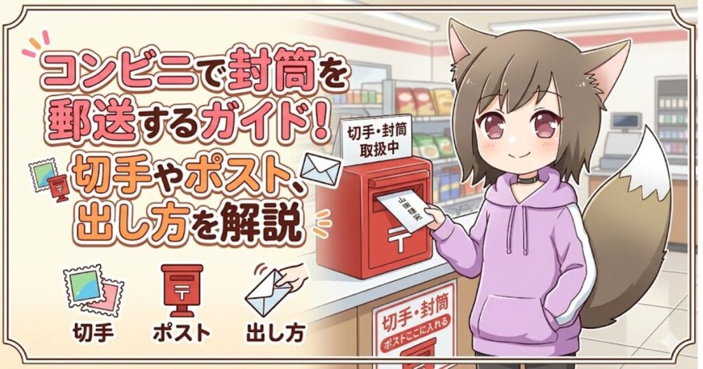 「コンビニで封筒を郵送するガイド！」の文字と、店内のポストに封筒を投函するケモ耳の女性キャラクターのイラスト。
