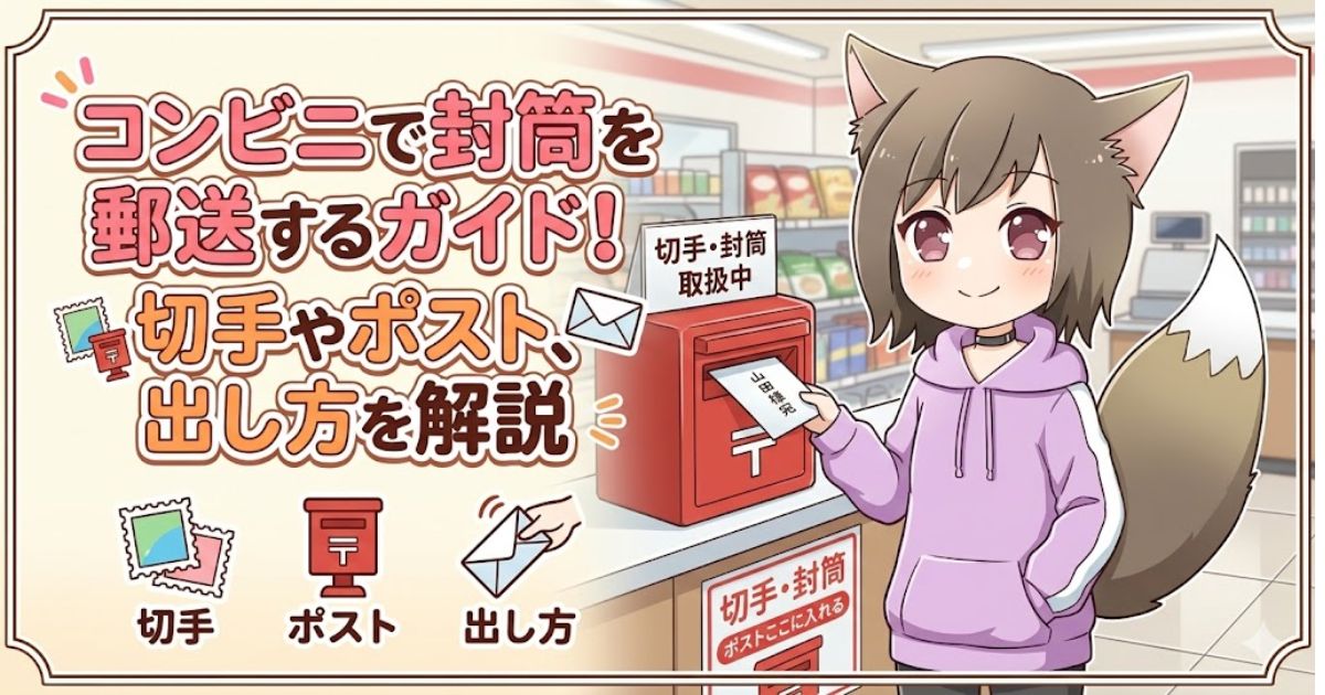 「コンビニで封筒を郵送するガイド！」の文字と、店内のポストに封筒を投函するケモ耳の女性キャラクターのイラスト。