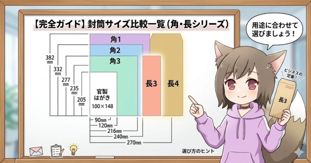 ホワイトボードに描かれた「角1」から「長4」までの封筒サイズ比較一覧図と、それを指差しで解説するケモ耳の女性キャラクター。