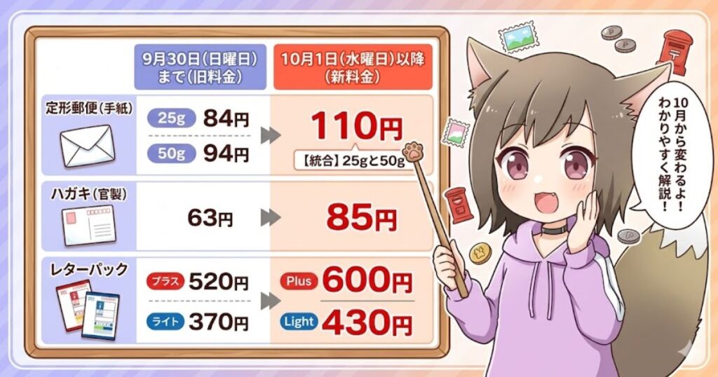 定形郵便、ハガキ、レターパックの郵便料金値上げ（10月1日以降の新料金）を比較した表と、指示棒を持って解説するケモ耳の女性キャラクター。