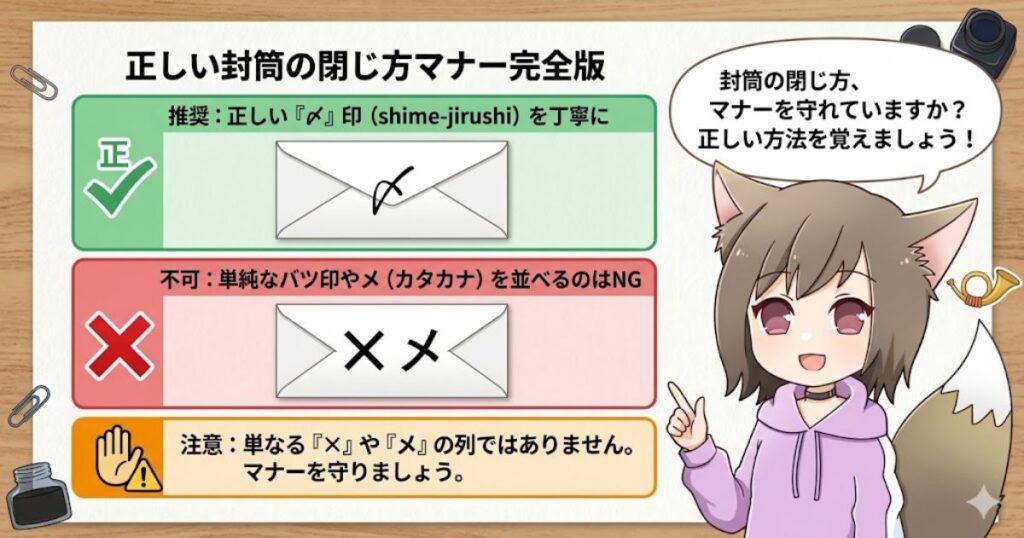 正しい封筒の閉じ方マナー。正しい「〆」印の例（緑枠）と、間違った単純なバツ印やカタカナの「メ」の例（赤枠）を解説するケモ耳の女性キャラクター。