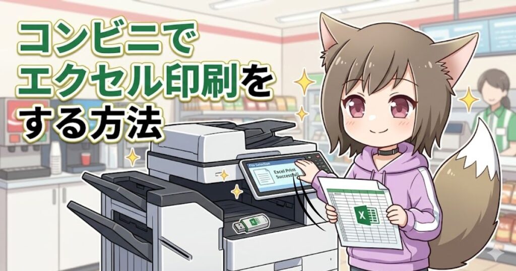 「コンビニのマルチコピー機の前で、印刷されたエクセルの表を手にして微笑む猫耳の女の子のイラスト」