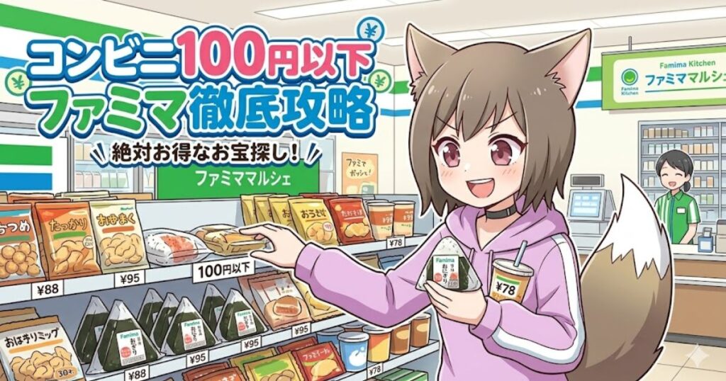 ファミリーマートの店内で、おにぎりやドリンクを手に笑顔で100円以下の商品を選ぶアニメ調の女性キャラクター