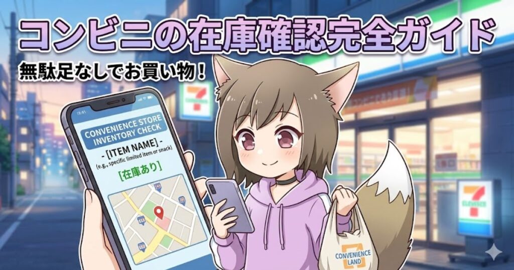 スマホで在庫マップを確認しながら、夕方のコンビニ前で笑顔を見せるアニメ調のケモ耳の女の子