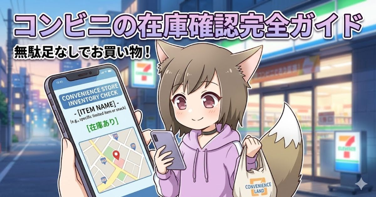 スマホで在庫マップを確認しながら、夕方のコンビニ前で笑顔を見せるアニメ調のケモ耳の女の子