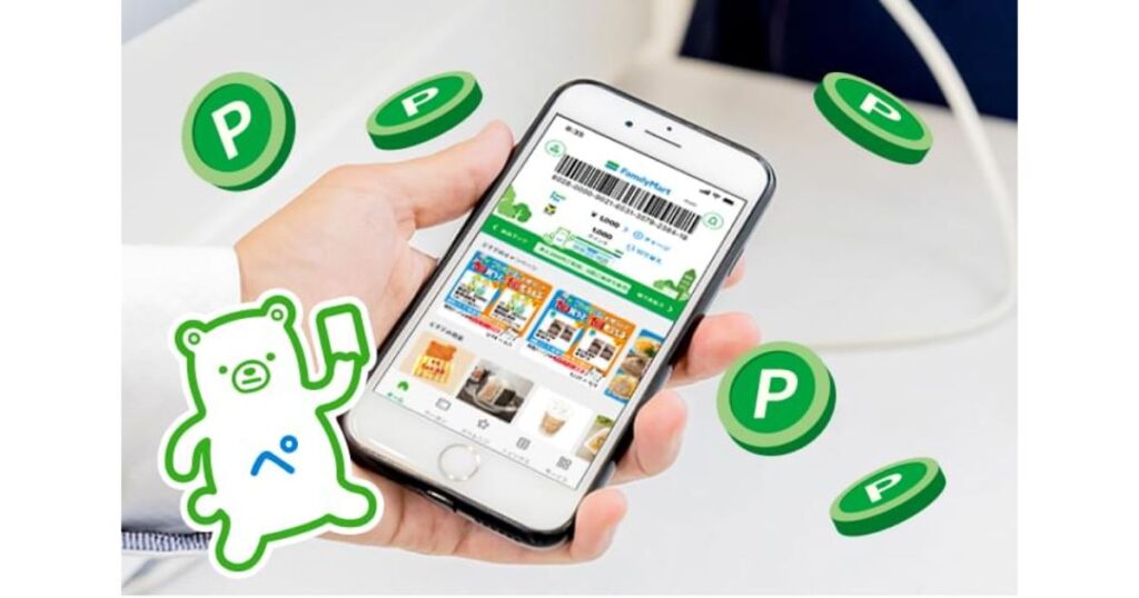スマートフォンの画面に表示されたファミペイアプリの決済バーコードと、周囲に浮かぶPポイントのコイン