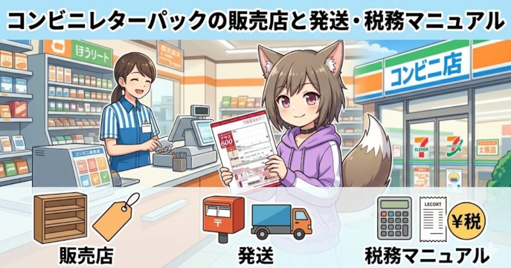 コンビニのレジでレターパックを購入する猫耳の女性キャラクターのイラスト。上部に「コンビニレターパックの販売店と発送・税務マニュアル」のタイトル、下部に「販売店」「発送」「税務マニュアル」のアイコンが並ぶアイキャッチ画像。