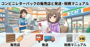 コンビニのレジでレターパックを購入する猫耳の女性キャラクターのイラスト。上部に「コンビニレターパックの販売店と発送・税務マニュアル」のタイトル、下部に「販売店」「発送」「税務マニュアル」のアイコンが並ぶアイキャッチ画像。