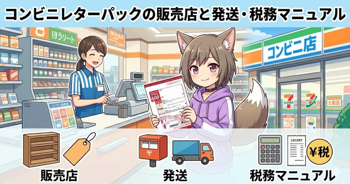 コンビニのレジでレターパックを購入する猫耳の女性キャラクターのイラスト。上部に「コンビニレターパックの販売店と発送・税務マニュアル」のタイトル、下部に「販売店」「発送」「税務マニュアル」のアイコンが並ぶアイキャッチ画像。