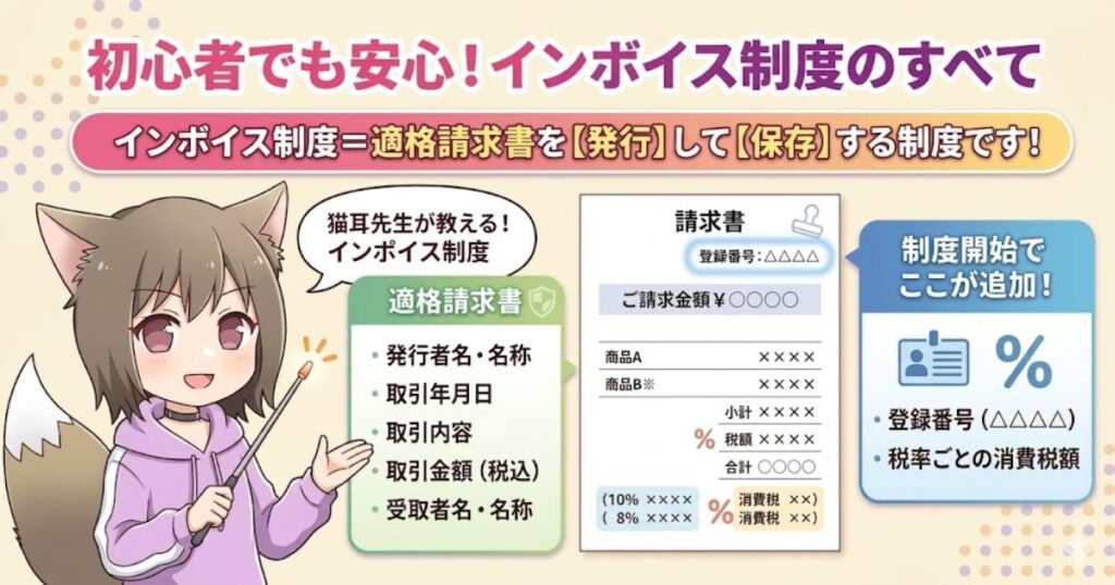 猫耳の女性キャラクターが指示棒を持ってインボイス制度を解説しているイラスト。「初心者でも安心！インボイス制度のすべて」というタイトルと、適格請求書の記載例が掲載されたアイキャッチ画像。