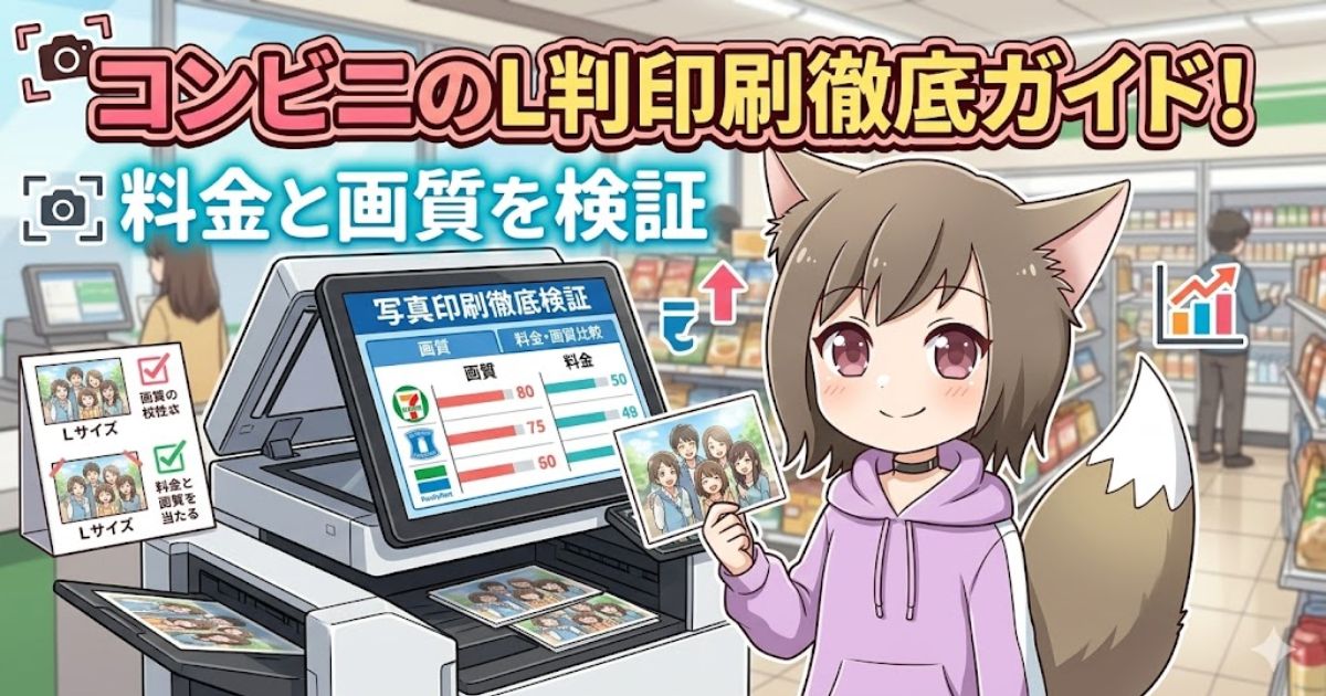 コンビニのマルチコピー機の前で、L判写真を手に笑顔を見せる猫耳の女の子のイラスト。「コンビニのL判印刷徹底ガイド！料金と画質を検証」の文字。