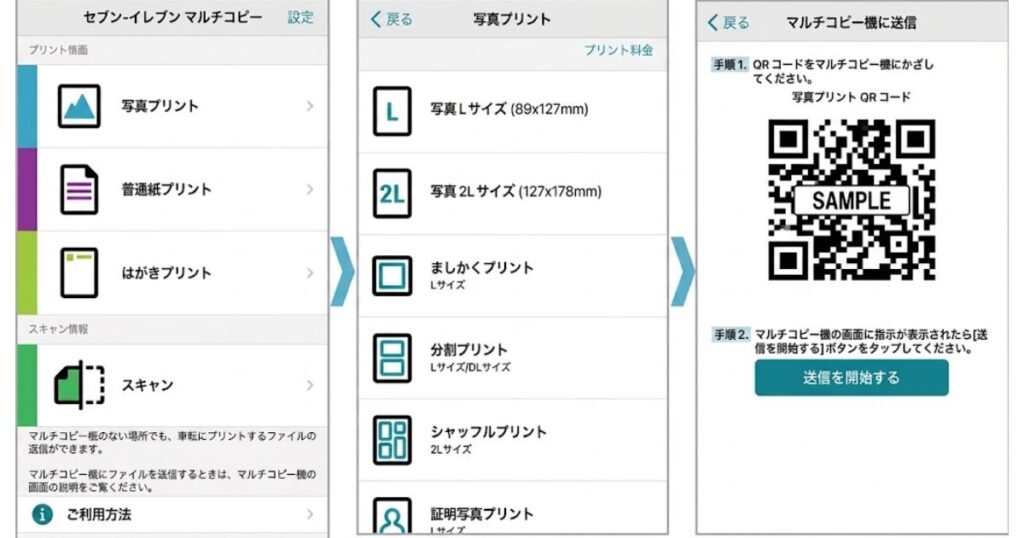 スマホアプリ「セブン-イレブン マルチコピー」の操作手順を示す3つの画面遷移。メニュー選択からLサイズ指定、QRコード表示までの流れ。