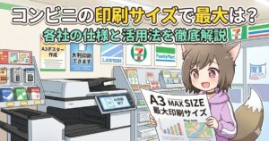 コンビニの店内でA3サイズの大きな印刷物を広げて笑顔を見せる、猫耳と尻尾のある女の子のイラスト。背景にはマルチコピー機や各コンビニチェーンのロゴが描かれている。