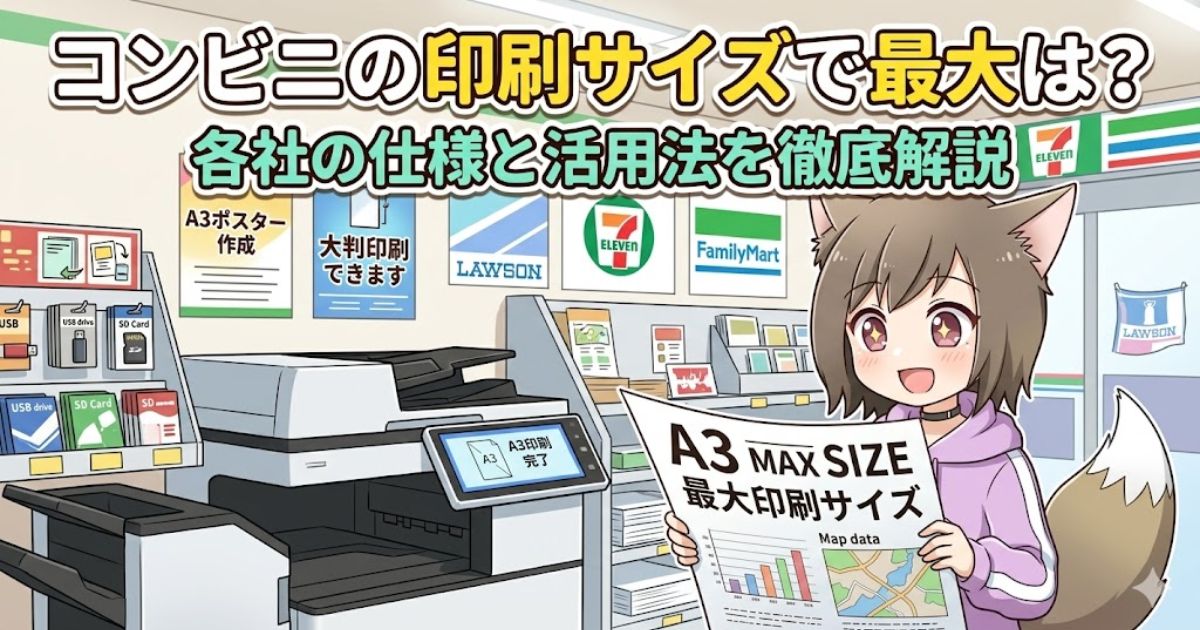コンビニの店内でA3サイズの大きな印刷物を広げて笑顔を見せる、猫耳と尻尾のある女の子のイラスト。背景にはマルチコピー機や各コンビニチェーンのロゴが描かれている。