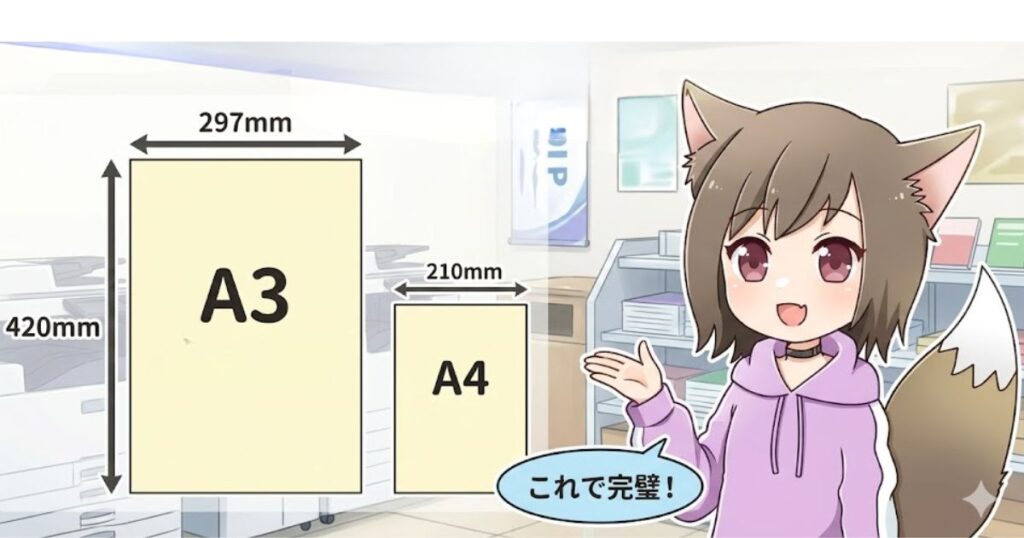 コンビニのマルチコピー機の前で、A3サイズ(297mm×420mm)とA4サイズ(210mm)の用紙の大きさを手で示しながら「これで完璧!」と解説する猫耳の女の子のイラスト。