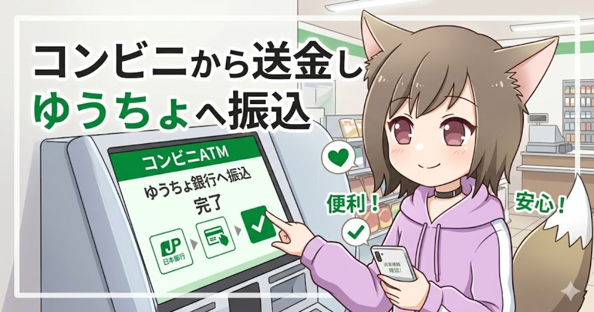 コンビニATMの画面を操作する女性キャラクターのイラスト。「コンビニから送金しゆうちょへ振込」の文字入りアイキャッチ画像。