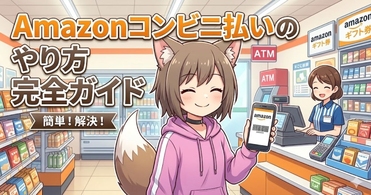「Amazonコンビニ払いのやり方 完全ガイド 簡単!解決!」というテキスト入りのアイキャッチ画像。コンビニのレジ前で、スマホのバーコード画面を見せて微笑む猫耳のキャラクターと店員が描かれている。