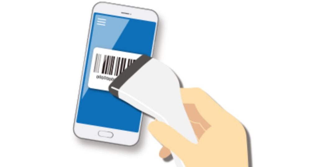スマートフォンの画面に表示されたバーコードを、手持ち式のハンディスキャナーで読み取っている様子のイラスト。