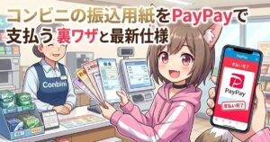コンビニのレジ前で、振込用紙を持つケモ耳の女性キャラクターと、PayPayの「支払い完了」画面が表示されたスマートフォンのイラスト。