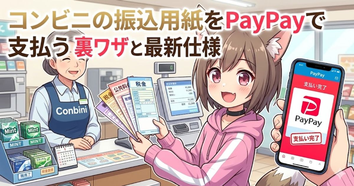 コンビニのレジ前で、振込用紙を持つケモ耳の女性キャラクターと、PayPayの「支払い完了」画面が表示されたスマートフォンのイラスト。