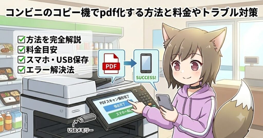コンビニのマルチコピー機でスマホやUSBを使いPDF化の手続きをするケモ耳の女の子のイラスト