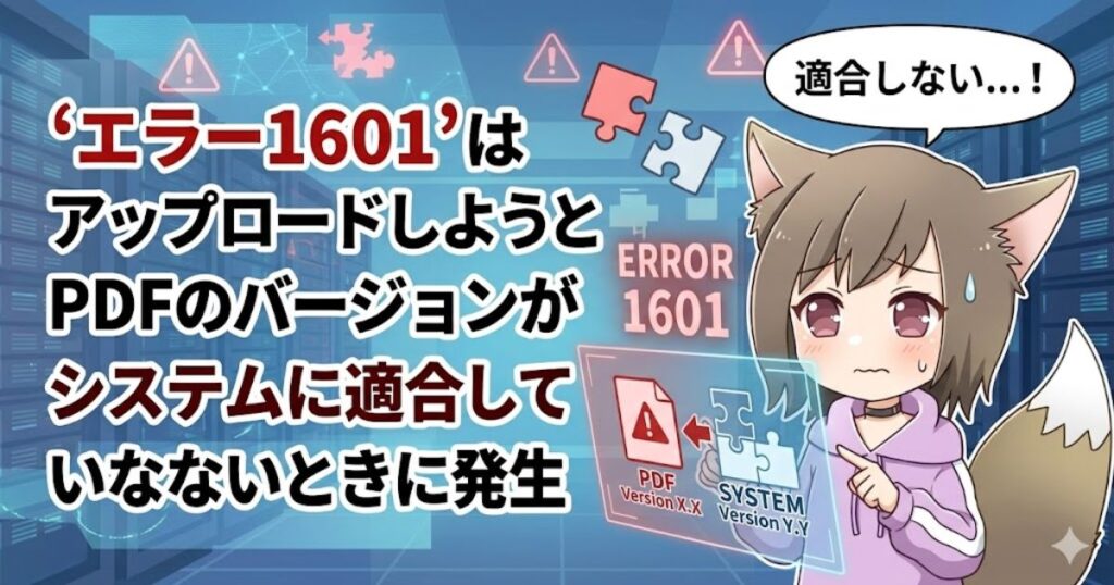 PDFのバージョン不適合により「エラー1601」が発生し、困惑した表情を浮かべるケモ耳の女の子のイラスト