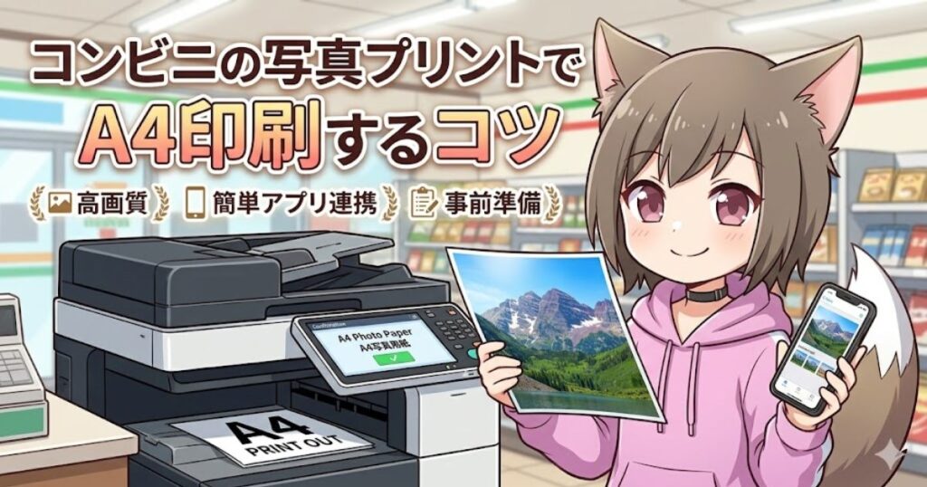 コンビニのマルチコピー機の前に立ち、スマートフォンと印刷された山岳のA4写真を持つ猫耳のキャラクターのイラスト。上部には「コンビニの写真プリントでA4印刷するコツ」というタイトル文字がある。