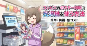 コンビニのマルチコピー機で光沢紙ポスターを印刷して喜ぶケモ耳の女性キャラクターのイラスト