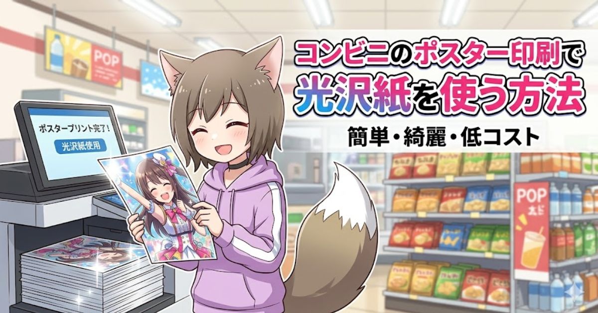 コンビニのマルチコピー機で光沢紙ポスターを印刷して喜ぶケモ耳の女性キャラクターのイラスト
