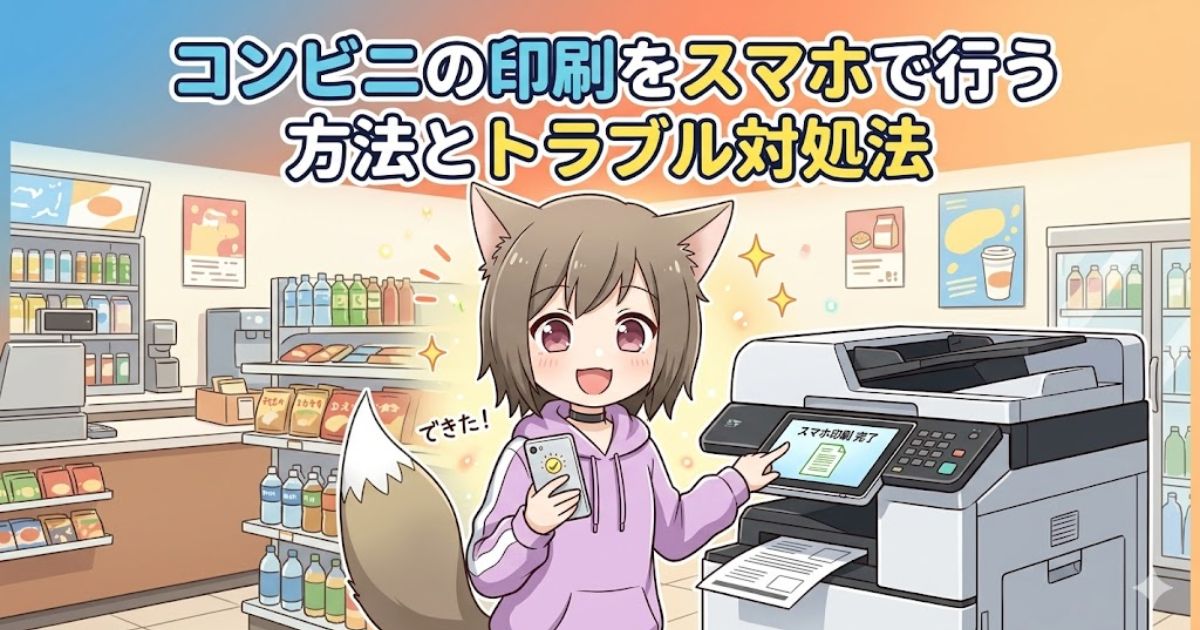 コンビニの店内で、ケモ耳の女性キャラクターがスマホを片手にマルチコピー機を操作して印刷を成功させているイラスト。