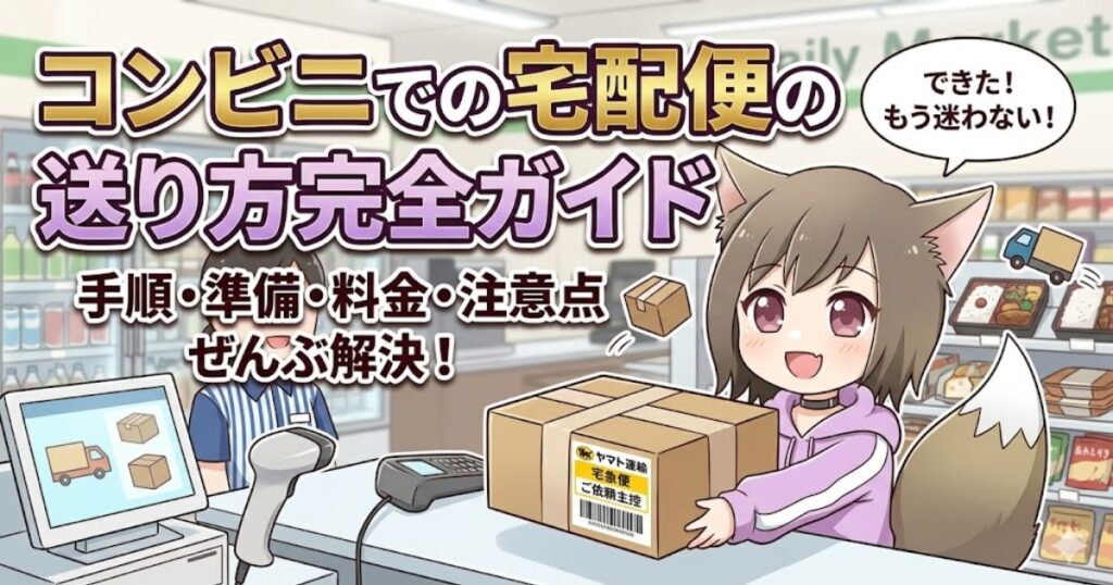 コンビニのレジで笑顔の猫耳キャラクターが宅配便の段ボール箱を差し出しているイラスト。