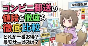 「コンビニ郵送の値段を徹底比較。どれが一番お得？最安サービスは？」という文字と、レジ前で荷物を持つ猫耳の女の子のイラスト。