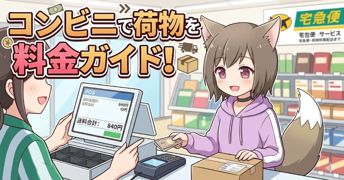 コンビニのレジで笑顔の女性キャラクターが荷物の発送手続きと会計をしているイラスト。画面上部に「コンビニで荷物を送る料金ガイド!」のタイトル文字。