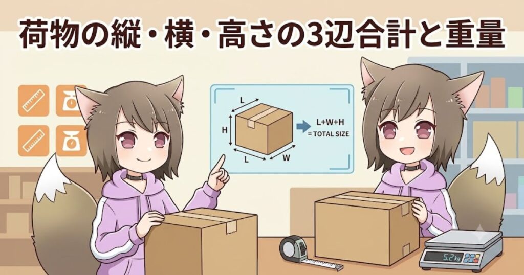 2人の女性キャラクターがダンボールの縦・横・高さの測り方や、計量器を使った重量の確認方法を解説しているイラスト。画面上部に「荷物の縦・横・高さの3辺合計と重量」の文字。