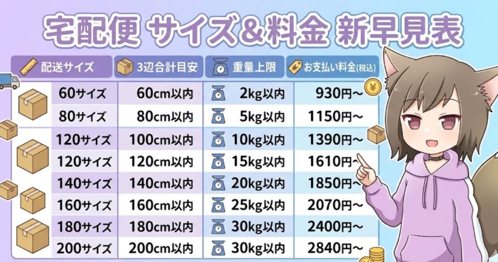 60サイズから200サイズまでの配送サイズ、3辺合計目安、重量上限、お支払い料金が一覧になった「宅配便 サイズ&料金 新早見表」の表と、それを指差して案内する女性キャラクターのイラスト。