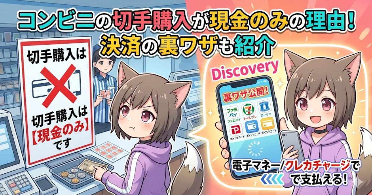 ンビニのレジカウンターで、猫耳のキャラクターが現金で切手を購入しているイラスト。