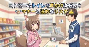「コンビニのトイレで声かけは必要？マナーと法的なリスク」のアイキャッチ画像。レジで店員に緊張しながら声をかける猫耳の女の子のイラスト。