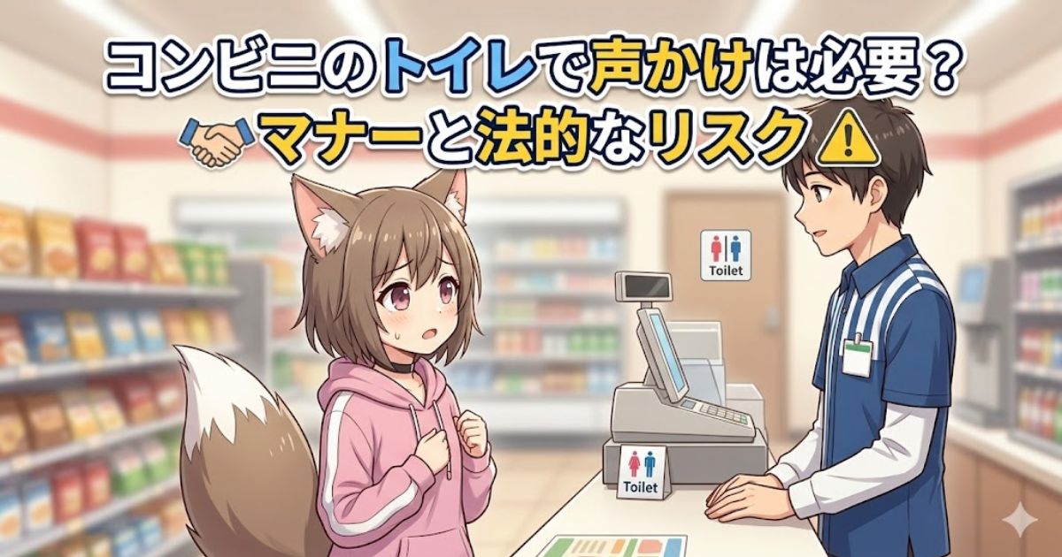 「コンビニのトイレで声かけは必要?マナーと法的なリスク」のアイキャッチ画像。レジで店員に緊張しながら声をかける猫耳の女の子のイラスト。
