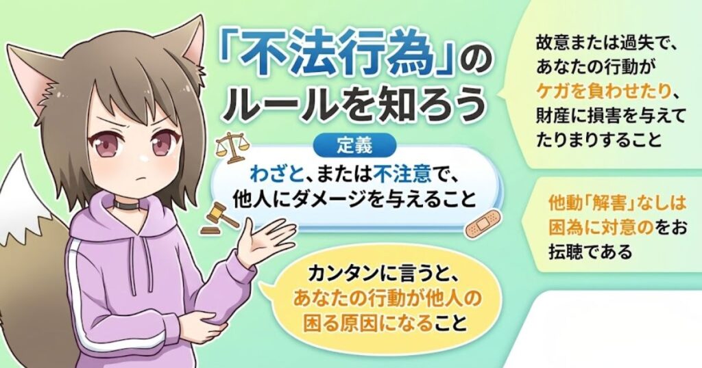 「不法行為のルールを知ろう」という図解。猫耳のキャラクターが、不法行為の定義や簡単な意味を解説しているイラスト。