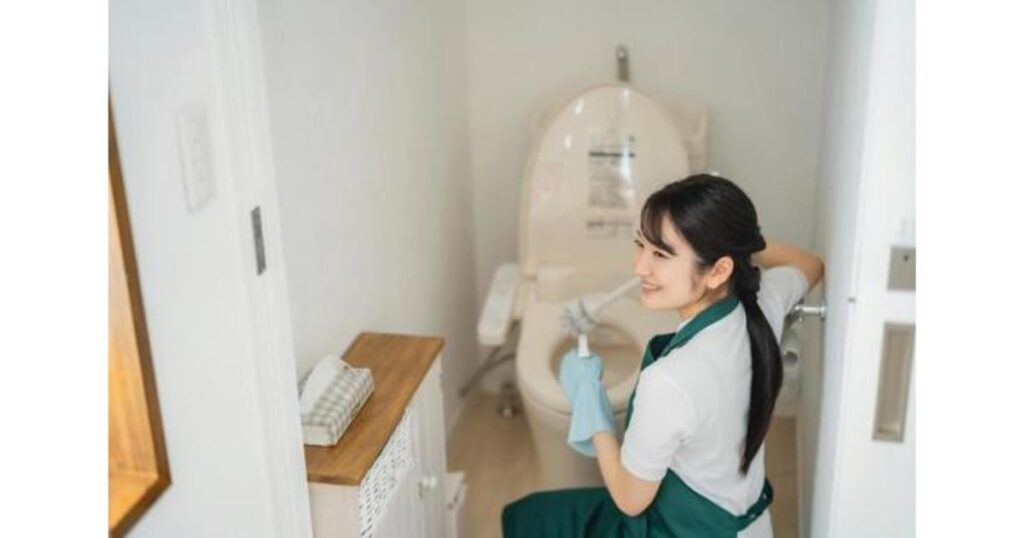 コンビニのトイレ内で、衛生用手袋を着用してブラシを持ち、笑顔で便器の清掃を行っている緑のエプロン姿の女性スタッフの写真。