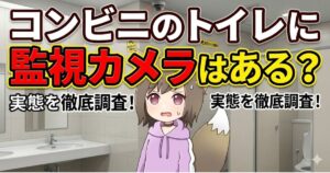 「コンビニのトイレに監視カメラはある？実態を徹底調査！」という大きな文字タイトルと、個室トイレの背景、不安そうな表情をした猫耳のキャラクターが描かれたブログのアイキャッチ画像。